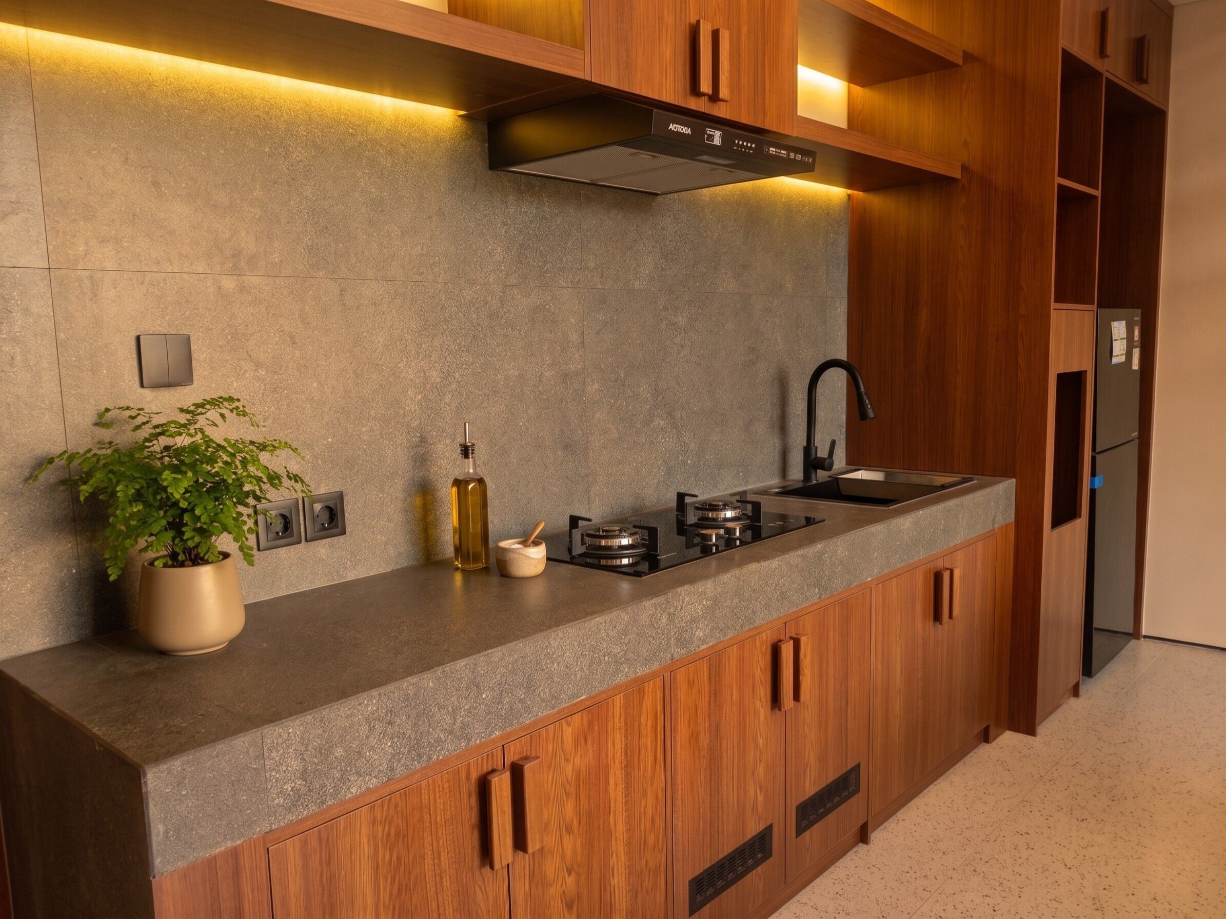 Una cocina moderna con encimera de granito, armarios de madera, estufa empotrada y pileta de acero inoxidable.