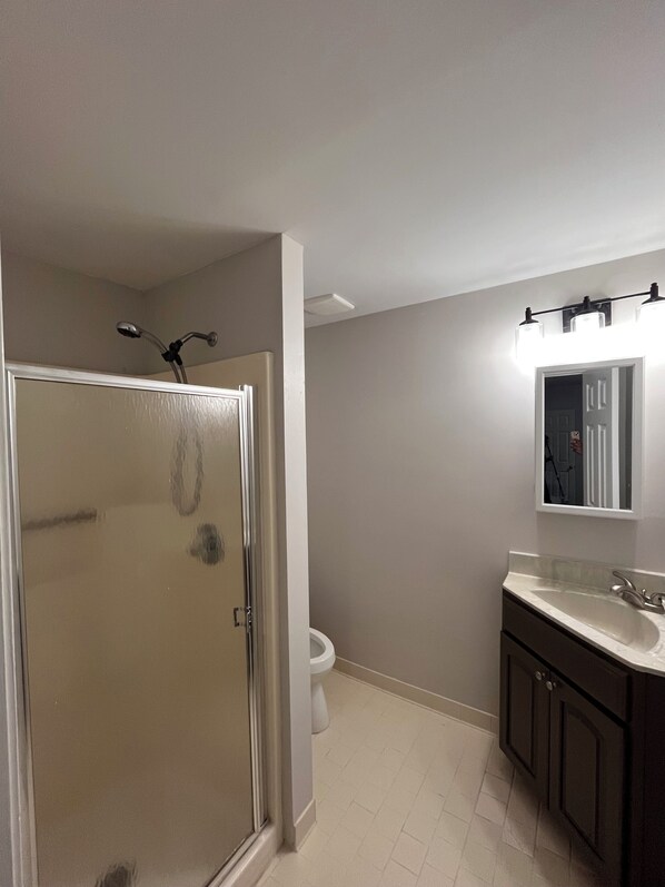A bathroom with a glass shower door, a toilet, a sink with a mirror above it, and a light fixture above the mirror.