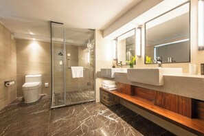 Ein modernes Badezimmer mit Duschkabine aus Glas, Toilette, Waschbecken mit Spiegel und Ablagefläche mit Holzbeschlägen.