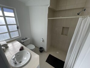 Un baño con inodoro, lavabo, ducha y ventana.
