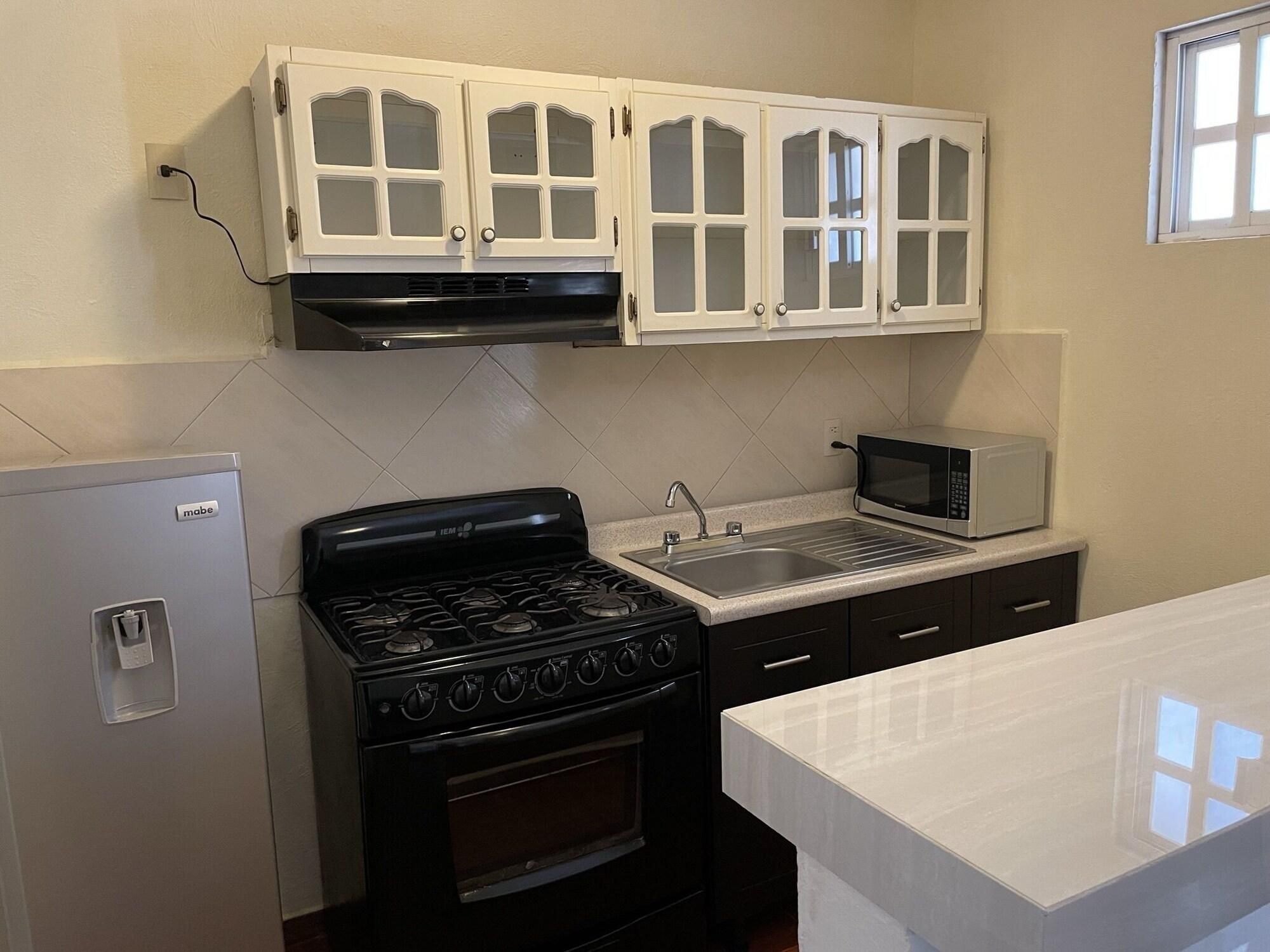 Cocina compacta con estufa, microondas, lavamanos y armarios blancos.