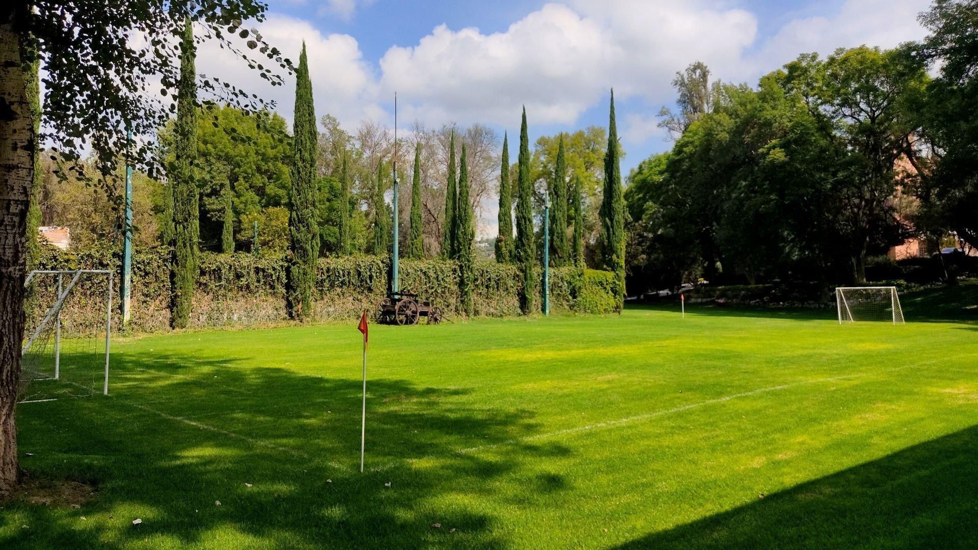 Un campo césped bien cuidado con un arco y un asta de bandera, rodeado de árboles y setos.