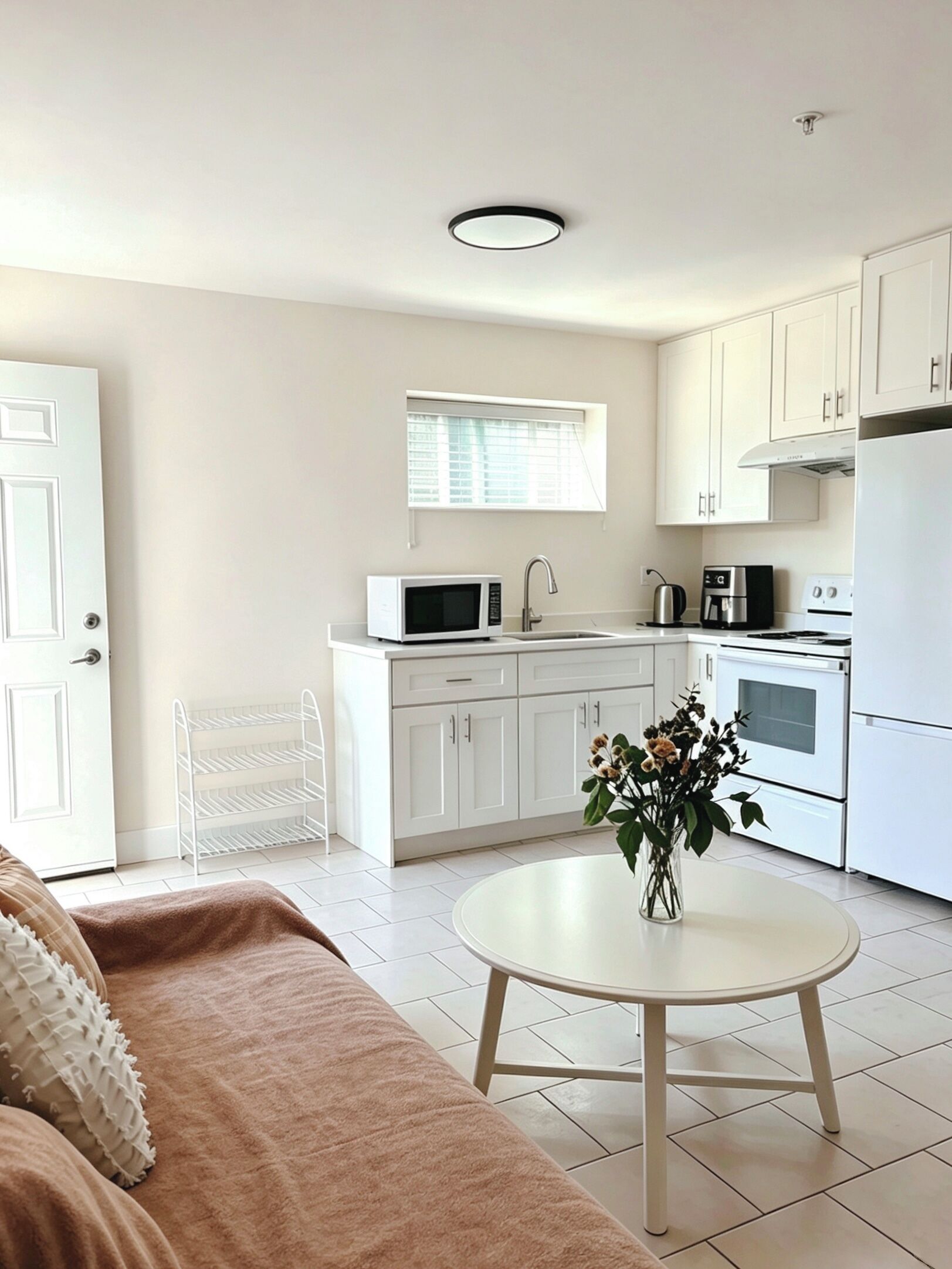A modern kitchen with white cabinets, a microwave, a coffee maker, and an oven. There's a white chair and a round table with a vase of flowers.