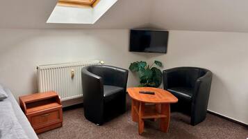 Ein Zimmer mit Dachfenster, einem Bett, einem Fernseher, zwei schwarzen Stühlen, einem kleinen Holztisch, einer Heizung und einer Pflanze.