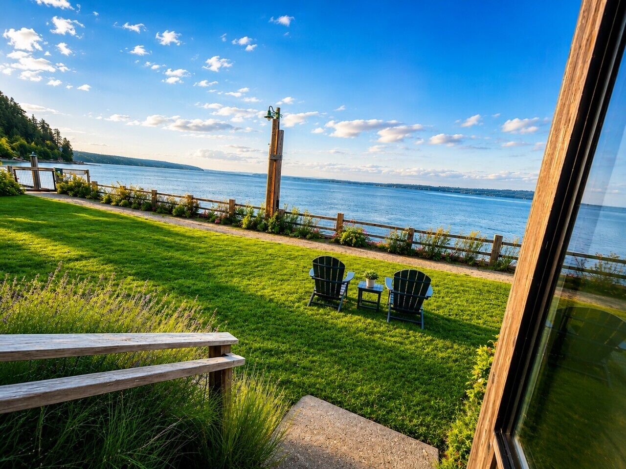 Une terrasse enherbée avec deux chaises et une table, d’où l’on a vue sur une étendue d’eau et un phare.
