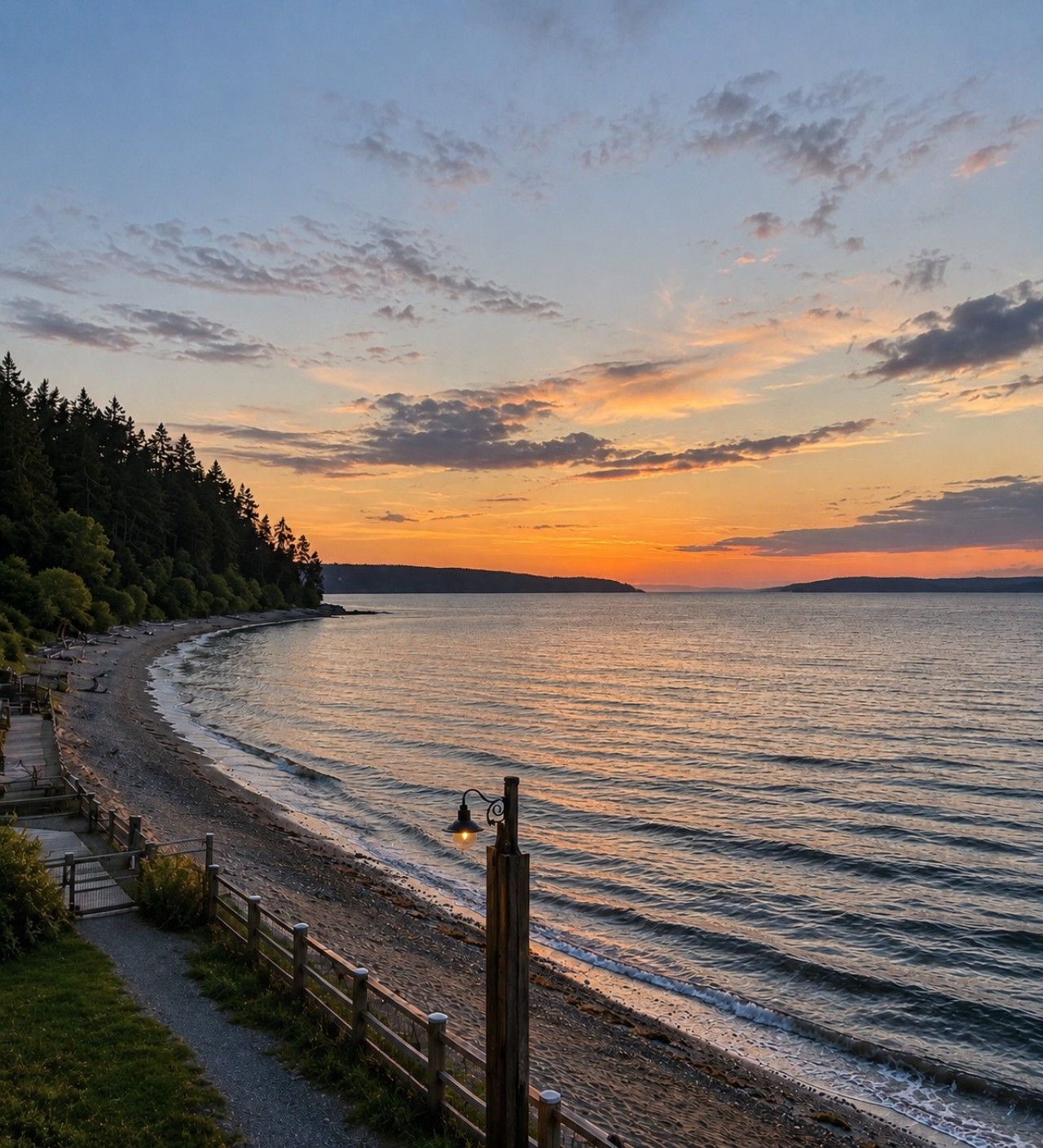 A coastal view with a wooden walkway along the beach, a lamp post, and a clear sky.