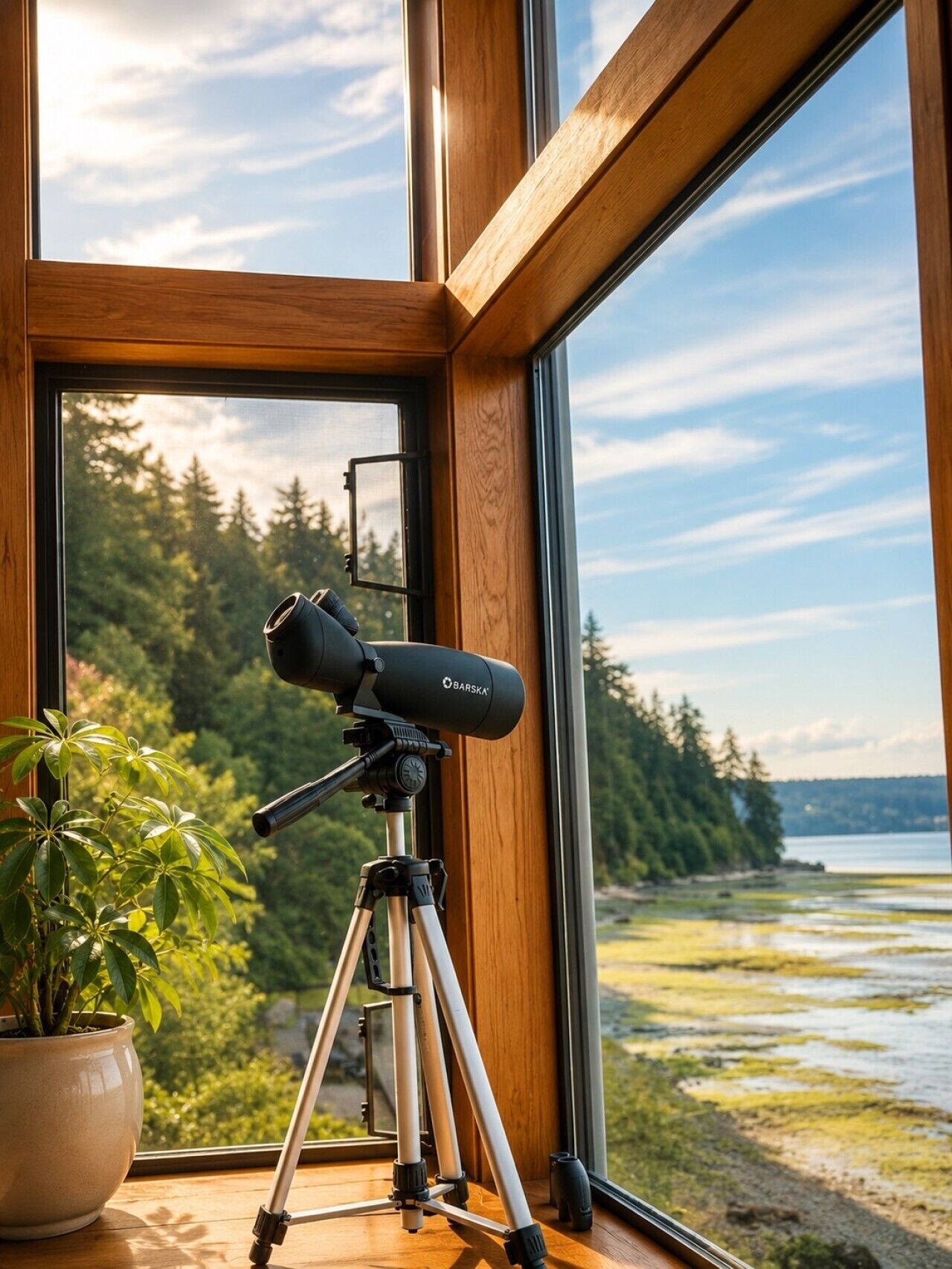 A telescope on a tripod by a window overlooking a forest and water.