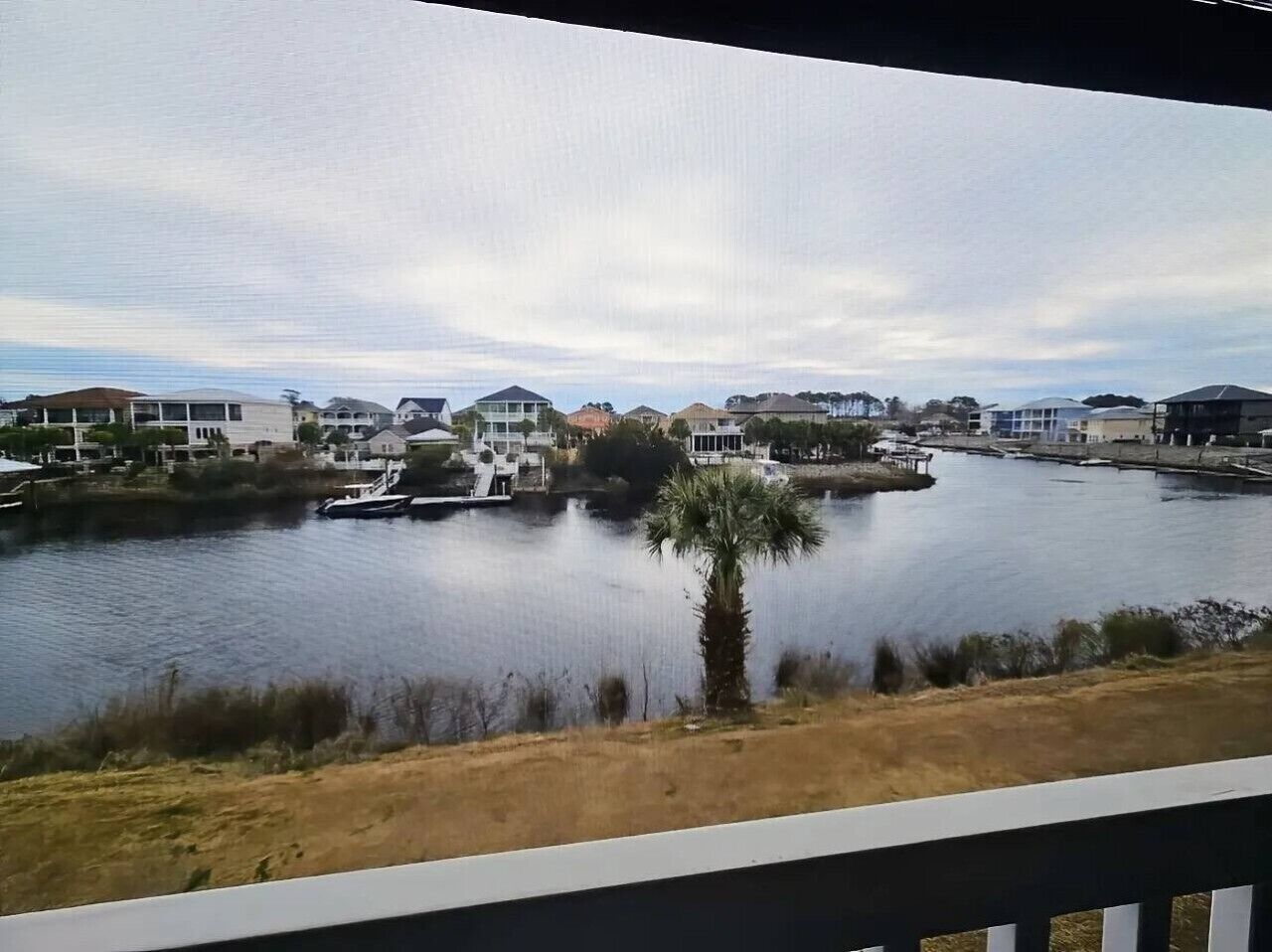 A residential area with houses along a calm lake, a palm tree, and a dock.