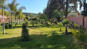A well-maintained garden with various trees and shrubs, a clear sky, and a distant view of hills. - Dar Eddaya Hôtel (Oulmes)