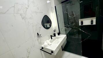 Shower, hair dryer, bidet, towels