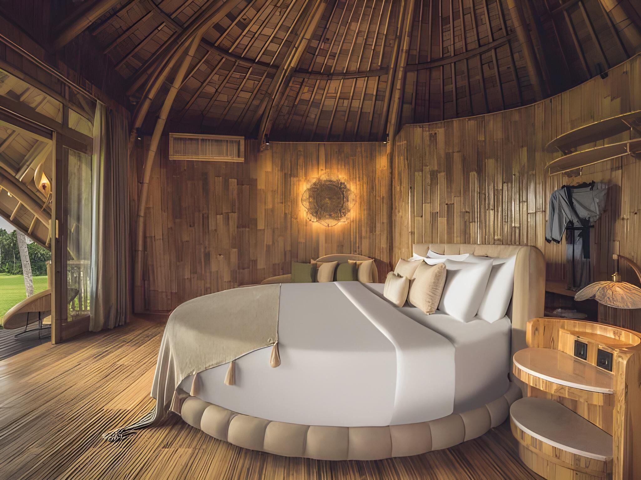 Una cama redonda con cabecera, una mesita de noche y una lámpara de pared en una habitación de madera con techo abovedado.