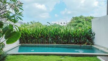 A rectangular swimming pool with a grassy area in front, surrounded by dense foliage and a building in the background.