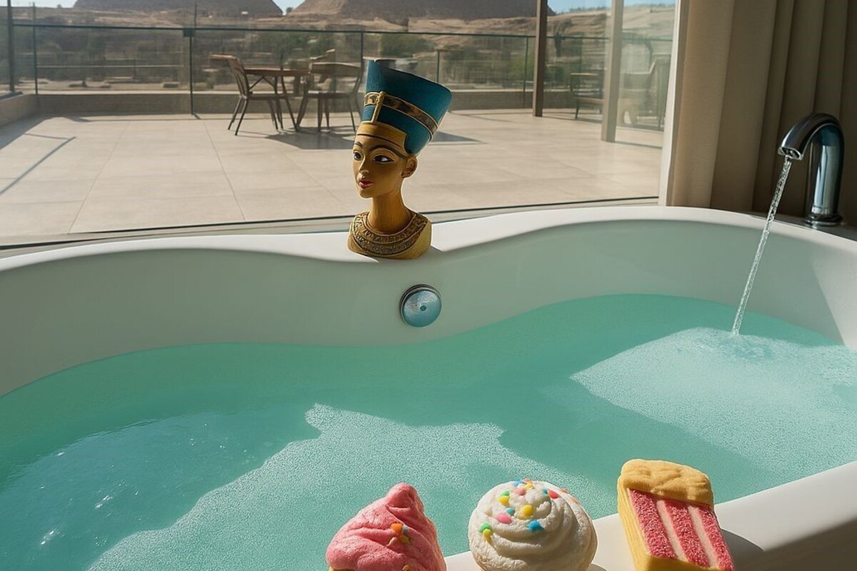 A bathtub with a view of pyramids, a bust, and two desserts.
