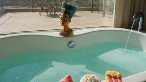 A bathtub with a view of pyramids, a bust, and two desserts.