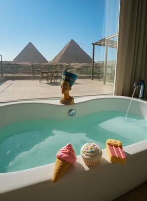 A bathtub with a view of pyramids, a bust, and two desserts. - Le Grand Pyramids View & Suites (Giza)