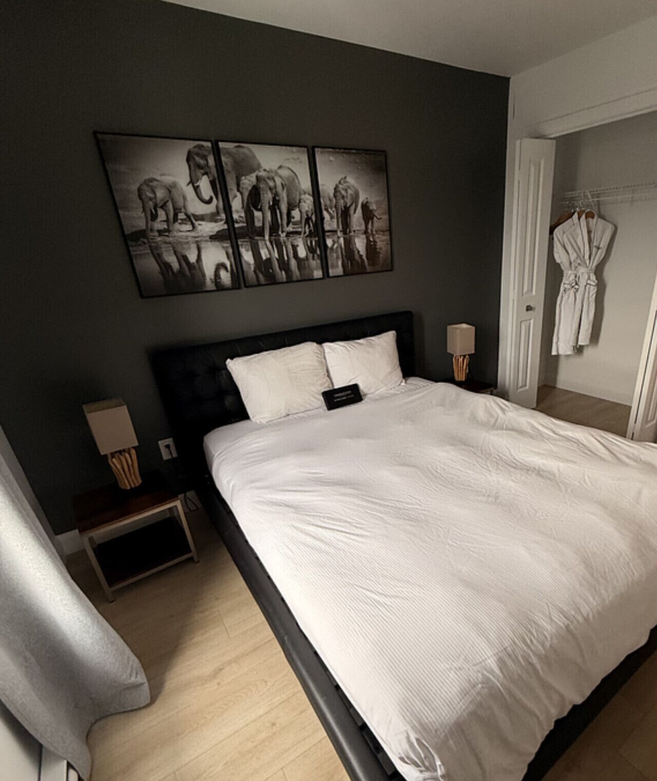 A hotel room with a large bed, a bedside table with a lamp, a robe hanging on the wall, and a painting above the bed.