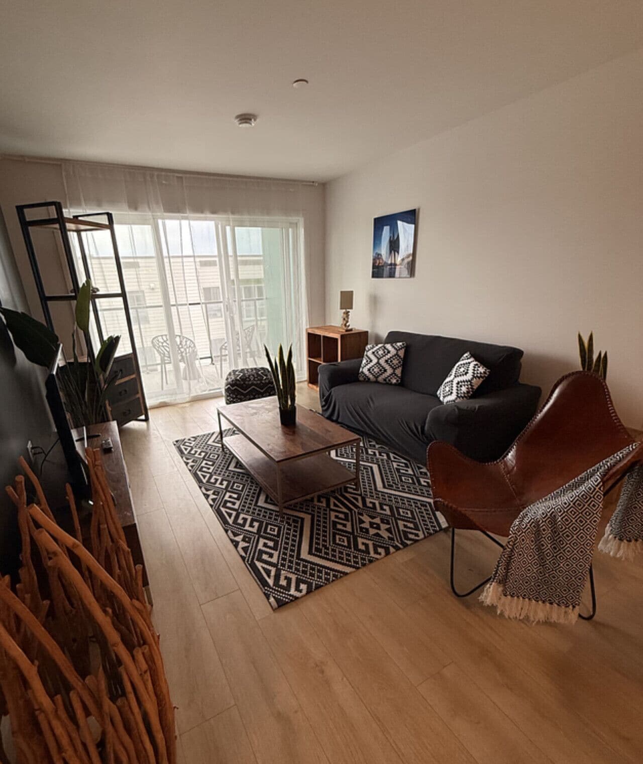 A living room with a sofa, coffee table, and a patterned rug.