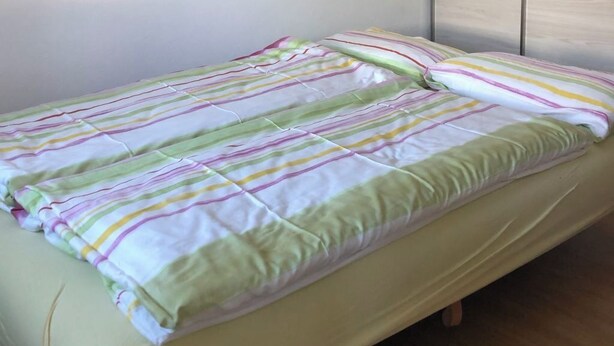 Ein Einzelbett mit gestreifter Bettdecke, ein an der Wand hängendes Bild einer Waldszene und eine Schiebetür.