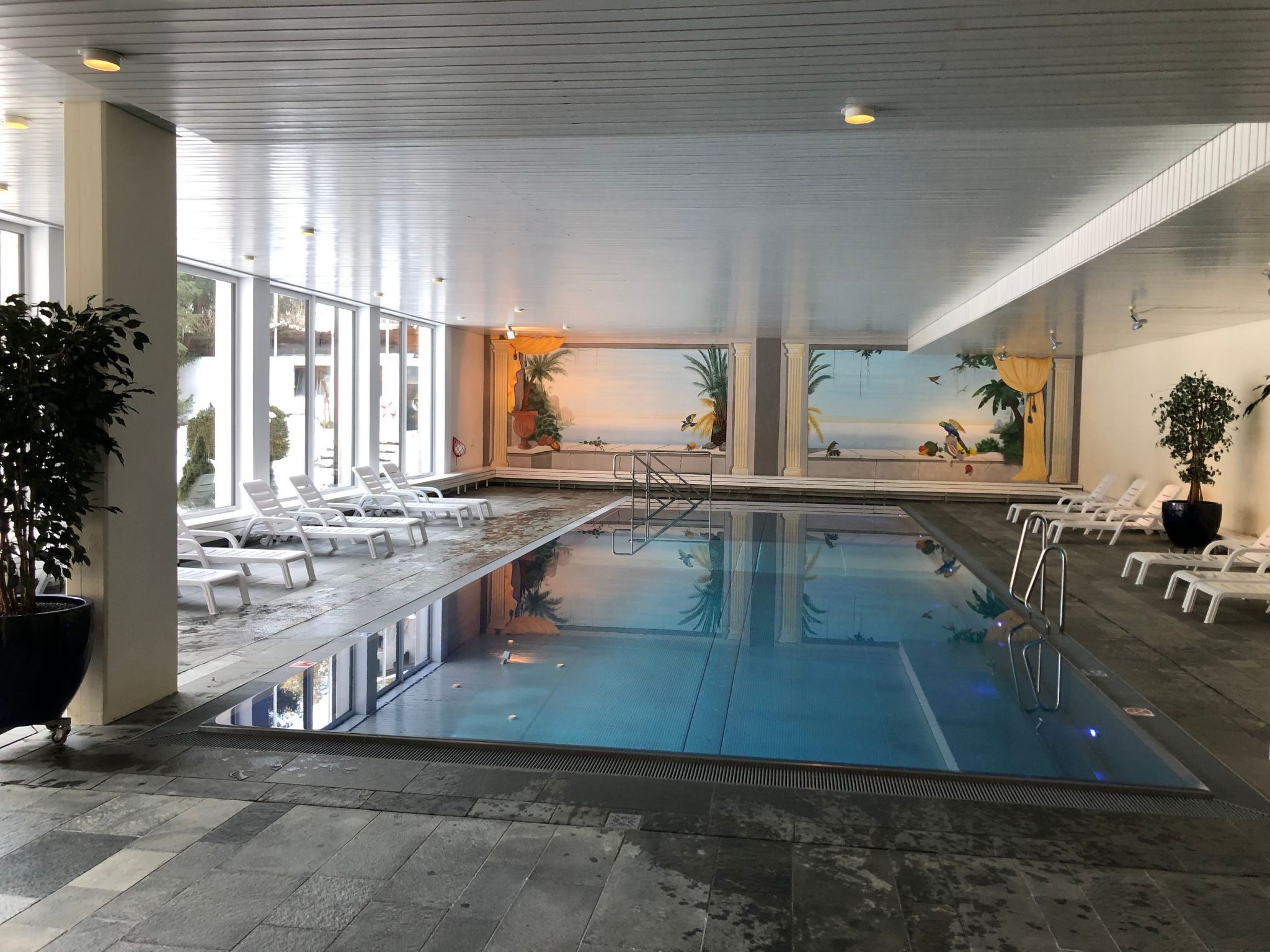 Een binnenzwembad met glazen wanden, witte lounge fauteuils en een achtergrondschildering met een tropisch thema.