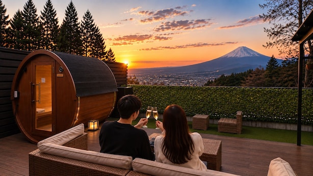 A couple sitting on a deck overlooking a scenic view of a mountain and a sunset. - Well Resort Fuji Annex (Gotemba)