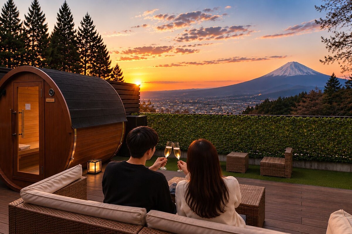 Um casal sentado em um deck apreciando a vista cênica de uma montanha e um pôr do sol.
