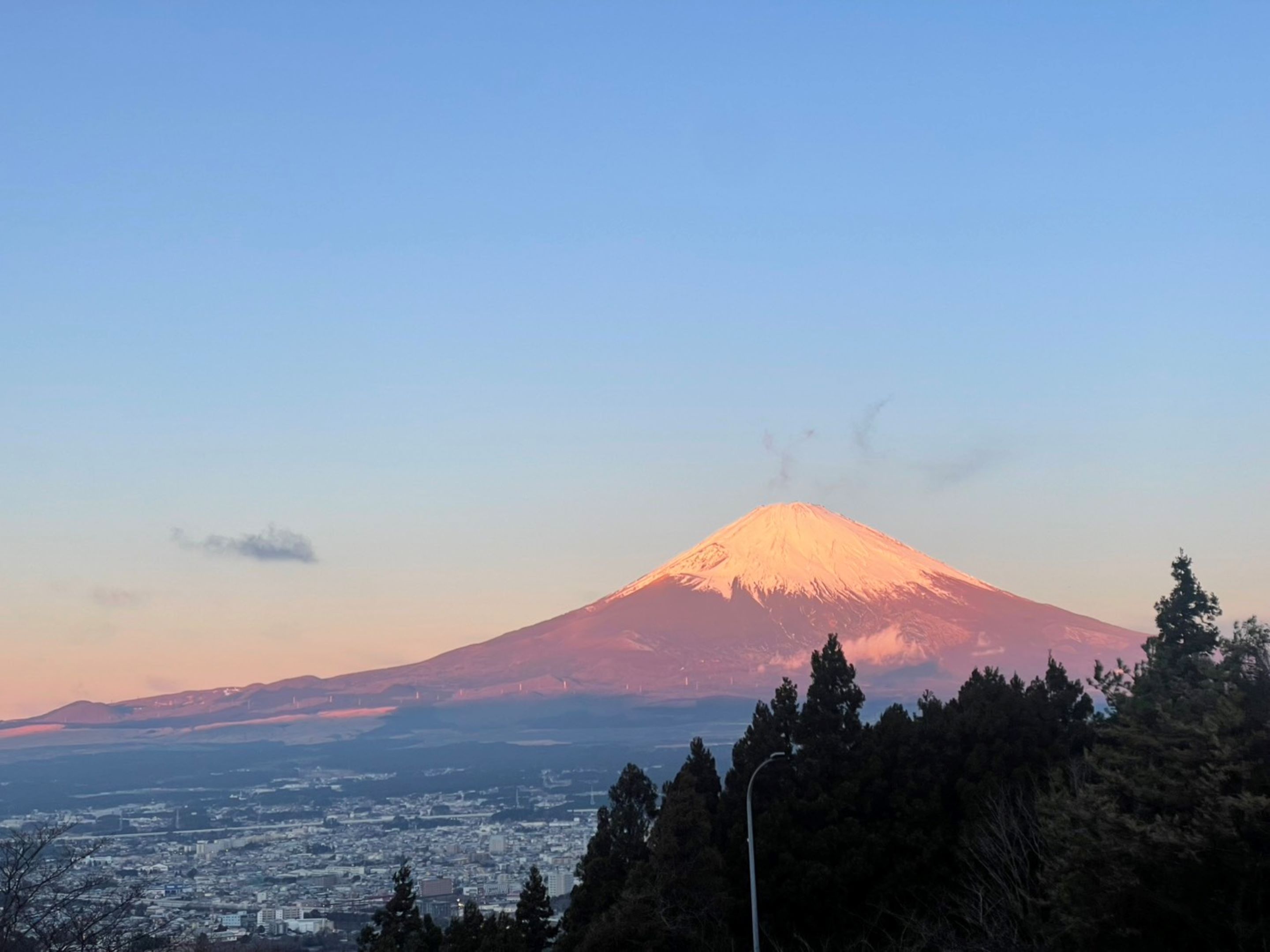 Una montaña con cielo despejado, rodeada por un paisaje urbano y árboles.