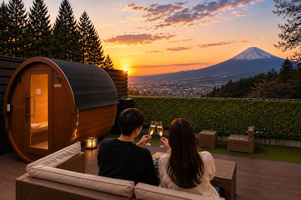 富士山と夜景を一望 | トレーラーハウス×国産バレルサウナ&露天風呂 | 室内ロースター完備 | ダブル + ソファベッド | 禁煙 | 別館01 | テラス / パティオ