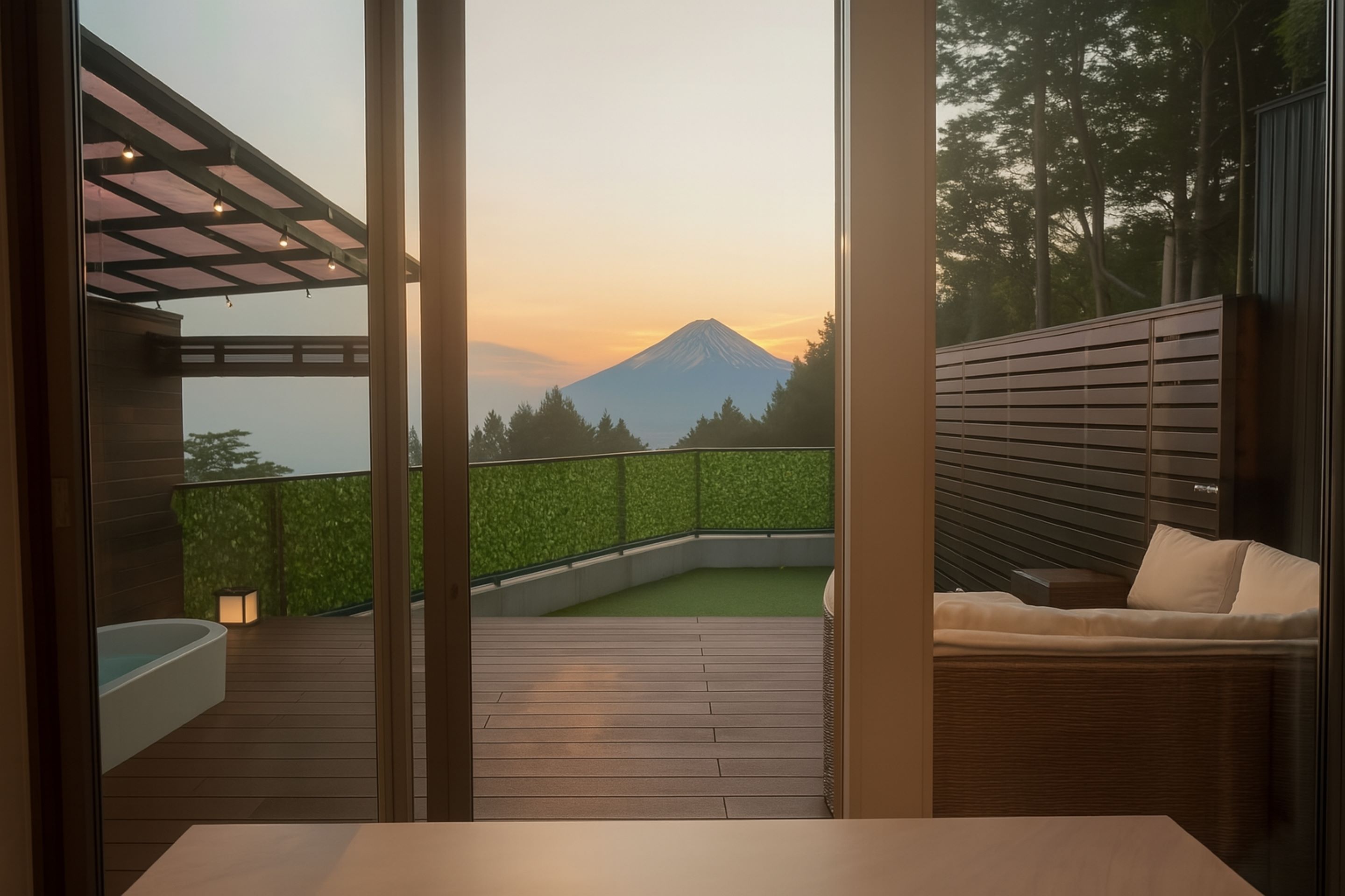 A modern outdoor deck with a view of a mountain, a seating area with cushions, and a wooden pergola.