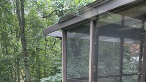 Eine Holzterrasse mit Glasumrandung, umgeben von einem bewaldeten Gebiet.