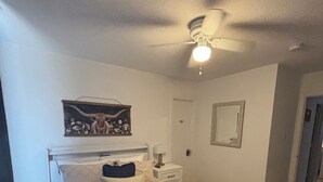 Une chambre à coucher comprenant un lit, une table de chevet, un ventilateur de plafond, une porte et un miroir fixé au mur.