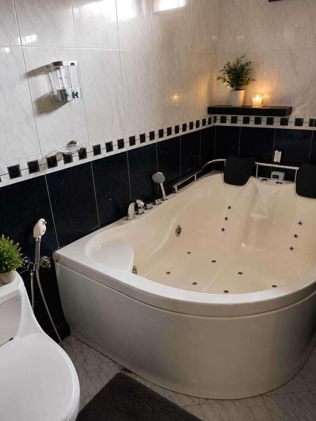 Shower, towels, soap, toilet paper