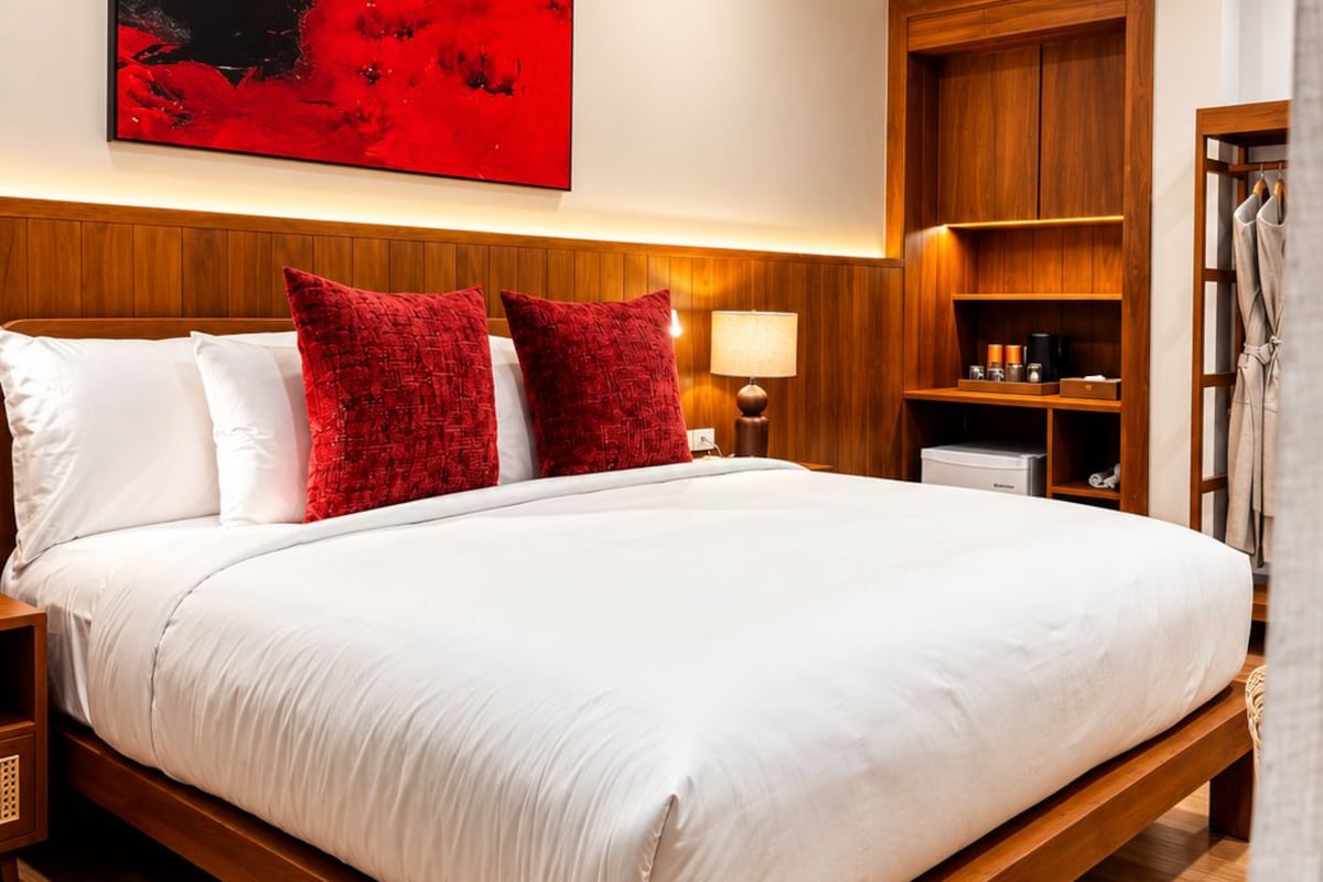 Quarto de hotel com uma cama grande, cabeceira de madeira, uma pintura abstrata vermelha, mesa de cabeceira, um armário e um roupão pendurado.