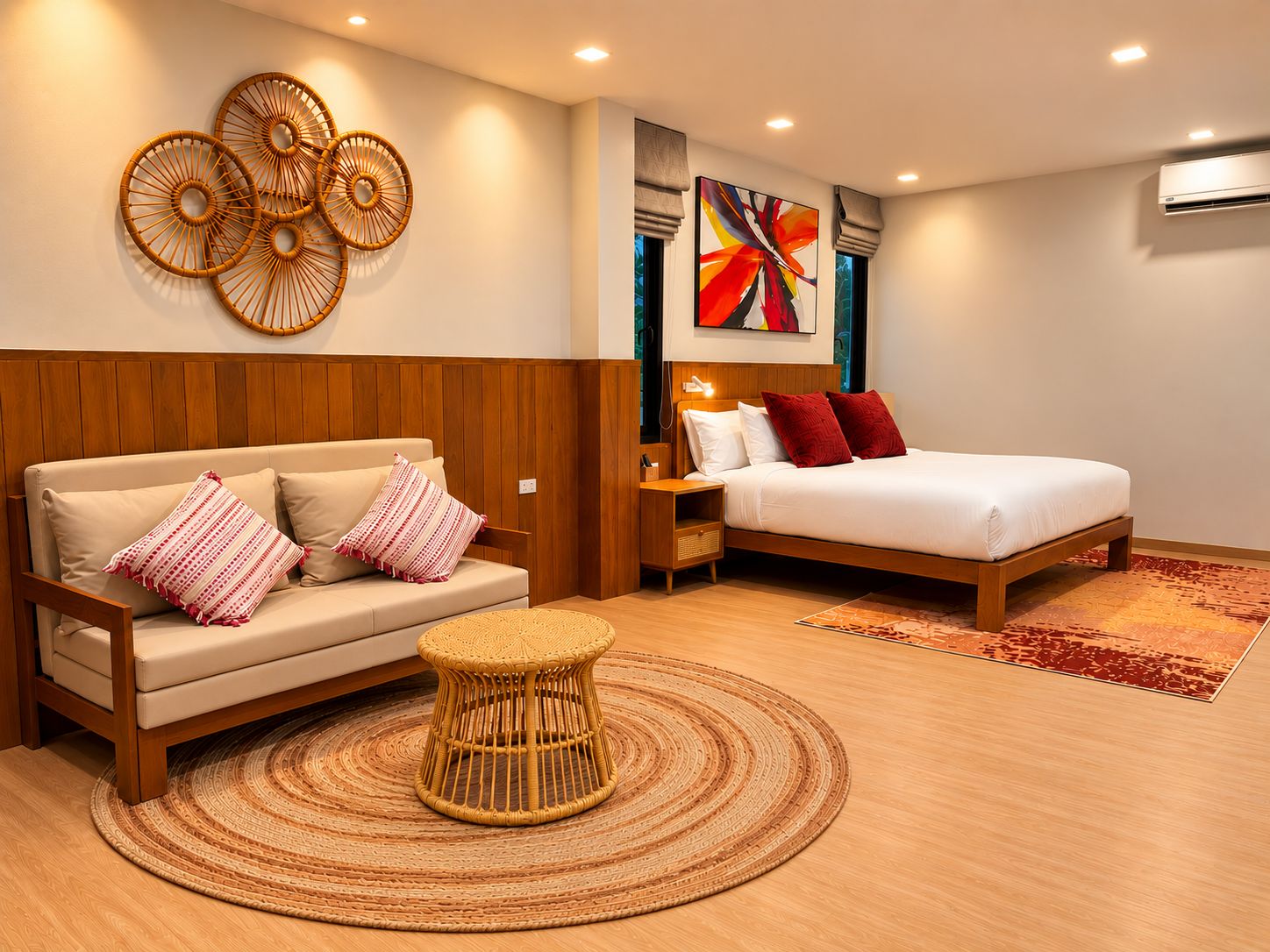 Una habitación de hotel moderna con una cama de cabecera de madera, un sofá con cojines estampados, un taburete tejido y un cuadro abstracto grande en la pared.