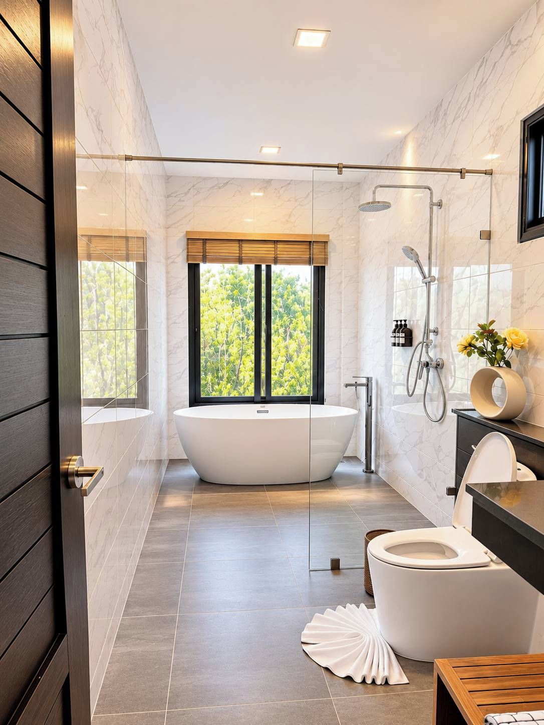 Een moderne badkamer met een vrijstaand bad, een douche met glazen wanden en een toilet.