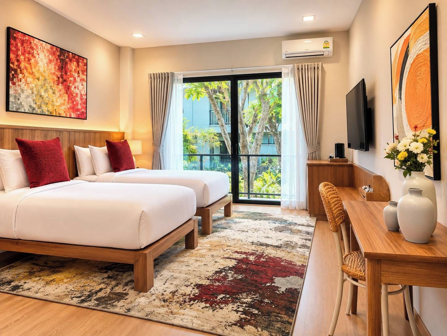 A hotel room with two beds, a desk, a TV, and a large window with curtains.