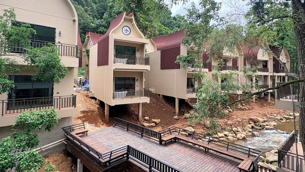 A hotel with multiple buildings, outdoor wooden deck, and a river. - T-Valley Maekampong  (Mae On)