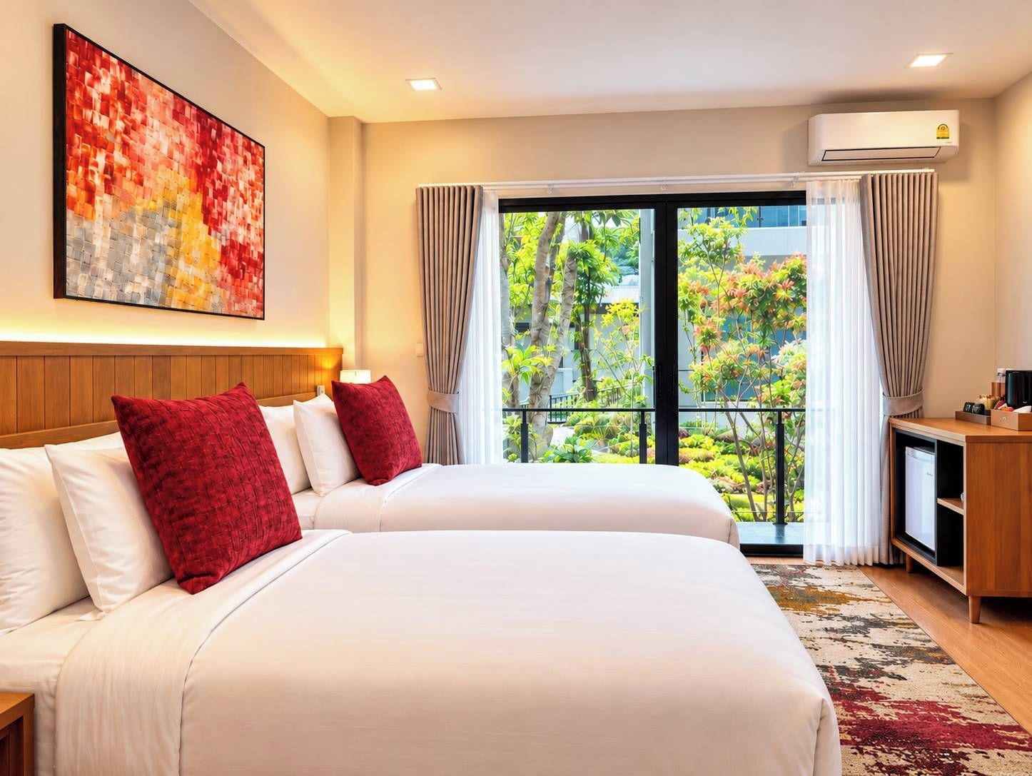 A hotel room with a large bed, a desk, an air conditioner, and a window with a view of greenery.