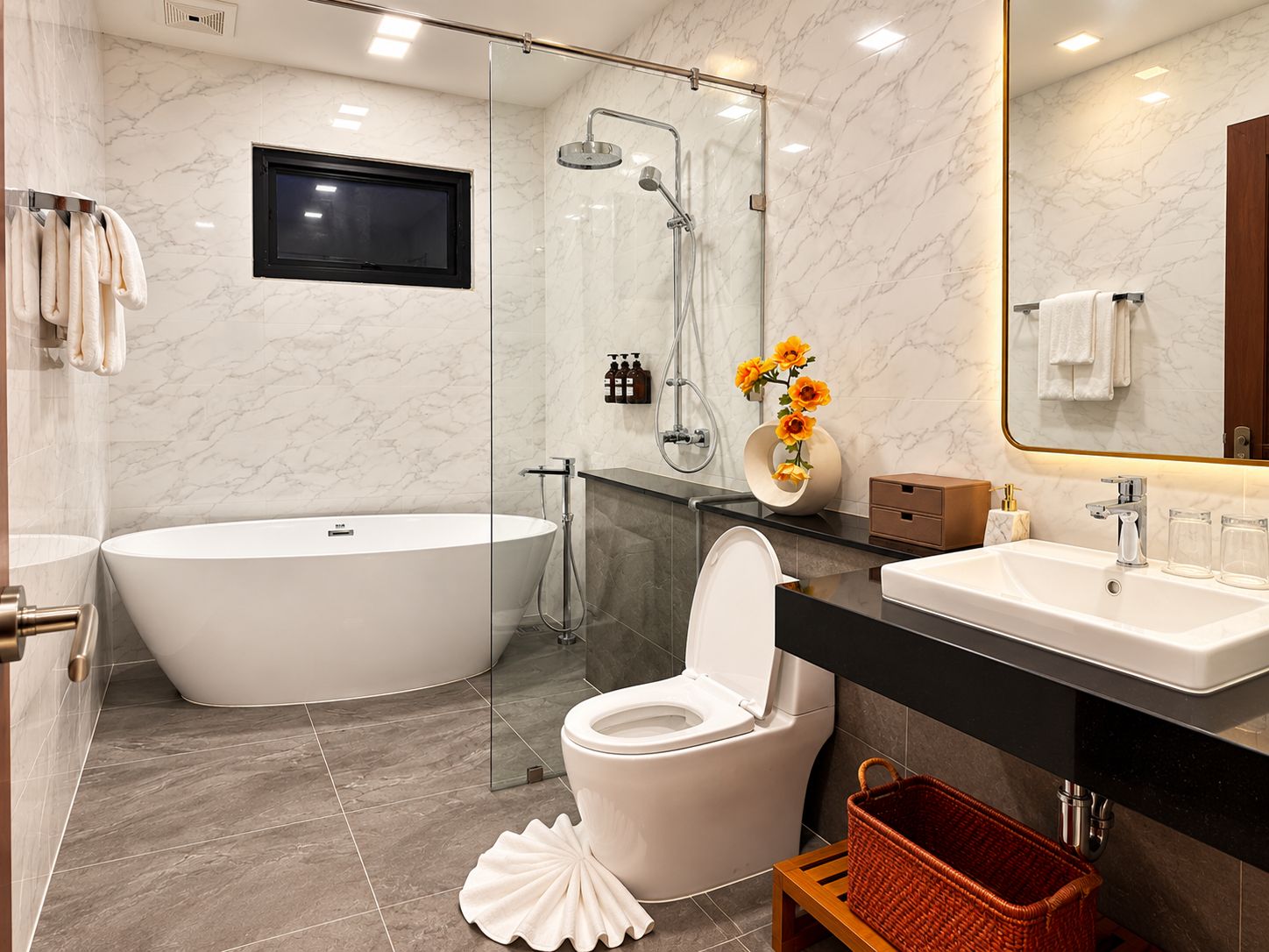 A modern bathroom with a bathtub, toilet, and sink.