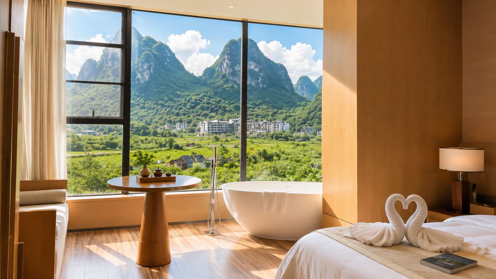 A modern hotel room with a large window, a bathtub, a round table with a vase and teapot, and a bed with towels shaped like swans.