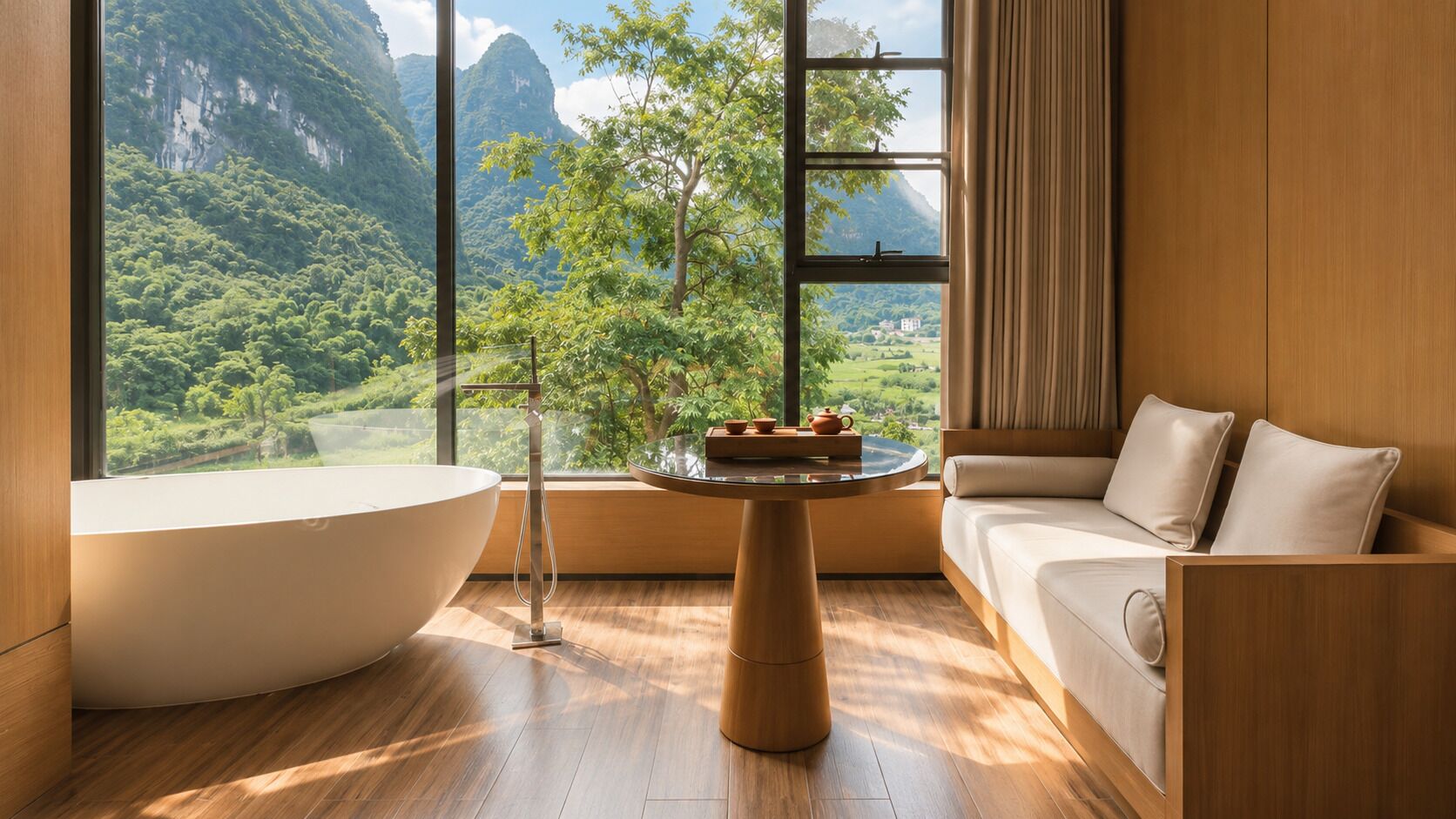 Un baño moderno con bañera, suelo de madera, sofá con cojines y vistas a un paisaje montañoso a través de amplios ventanales.