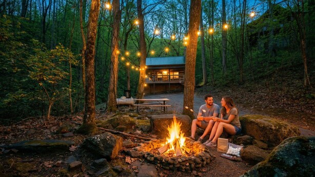 A forest setting with a campfire, a bench, and a building with string lights. - Romantic Private Forrest Hideaway + Heart Shaped Tub + Hot Tub! (Sevierville)
