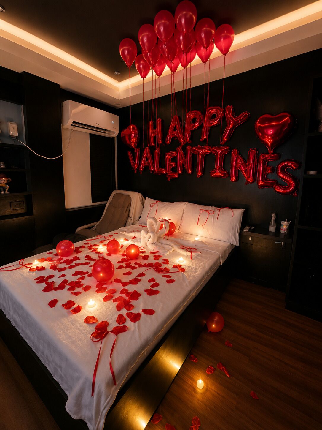 A bedroom with a bed, pillows, a bedside table, a wall-mounted air conditioner, and a neon 'Happy Valentine's' sign.