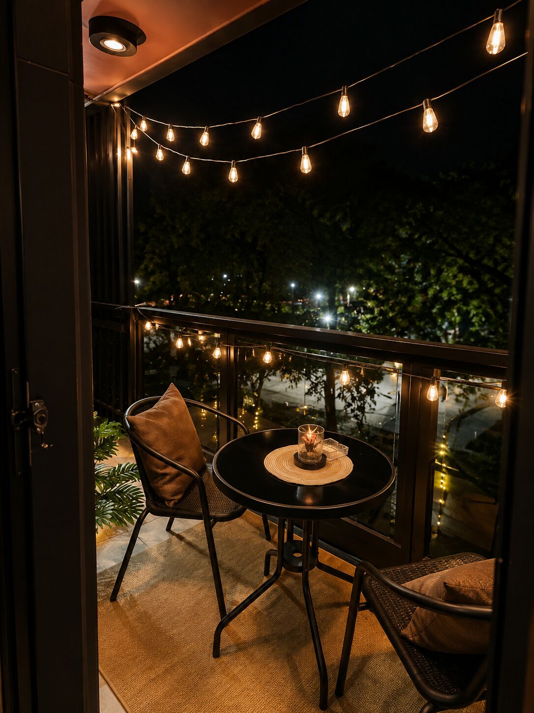 Un balcon extérieur avec une table ronde, deux chaises, des guirlandes lumineuses et une vue sur le ciel nocturne et les arbres.