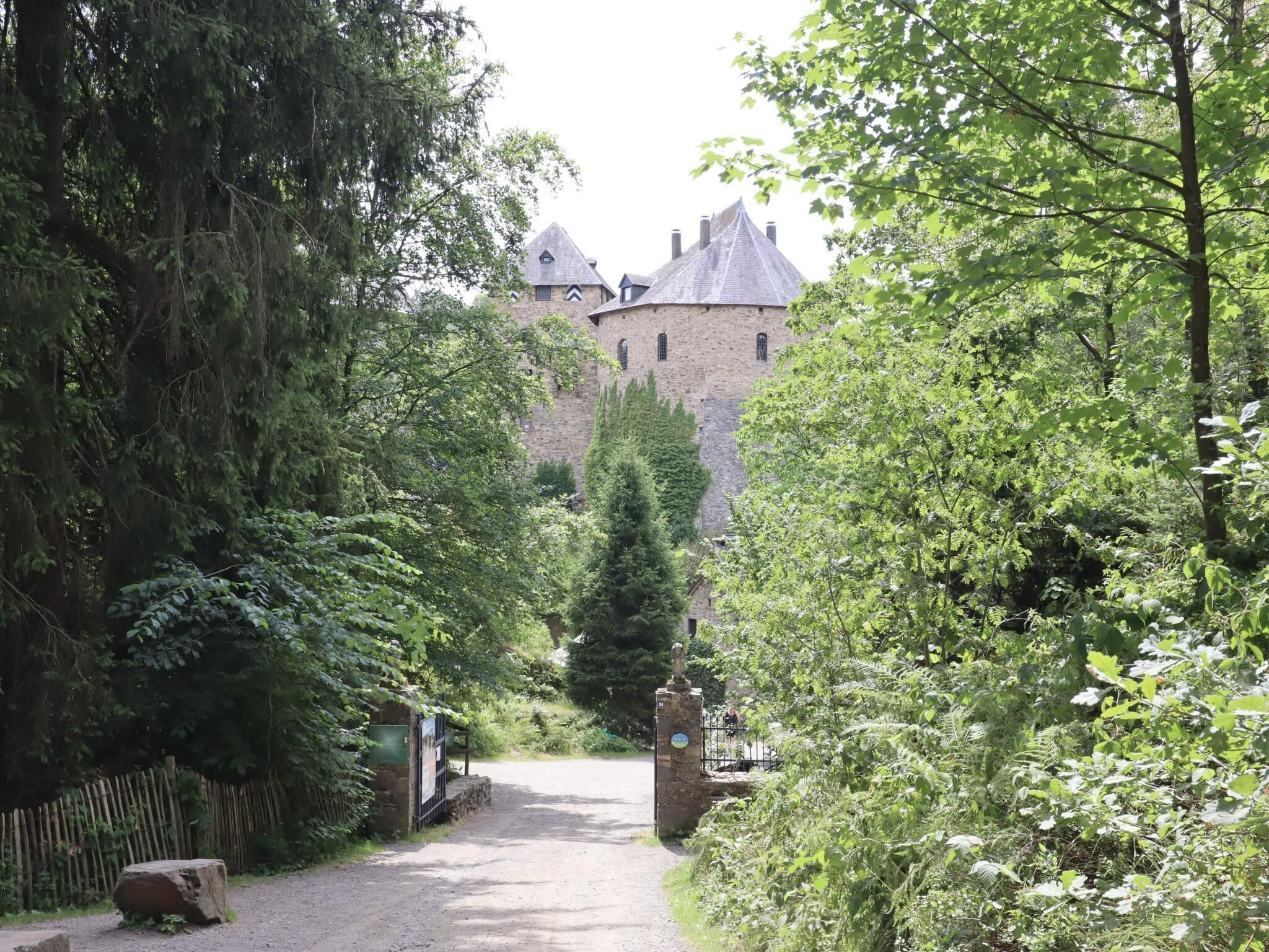 Ett slott omgivet av tät grönska, en grusgång som leder till ingången och ett trästaket.