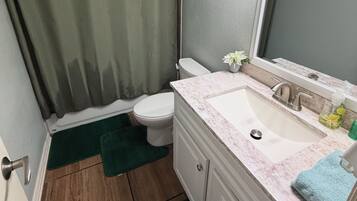 Hair dryer, towels, soap, toilet paper