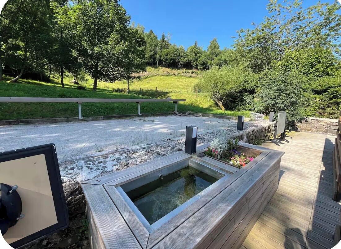 A wooden deck with a rectangular water feature, surrounded by a garden with various plants and a bench.