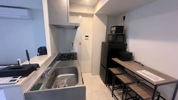 Großer Kühlschrank, Mikrowelle, Herdplatte