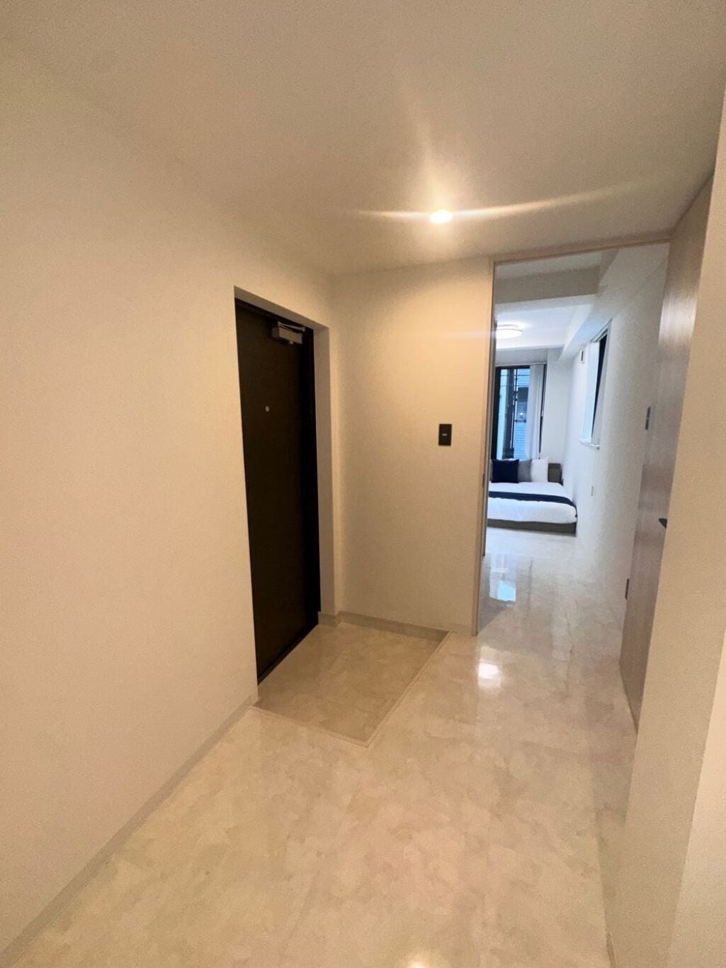 A hallway with a door, a light fixture, and a glimpse of a bed in the distance.