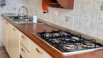 A kitchen with a gas stove, a sink, and cabinets.