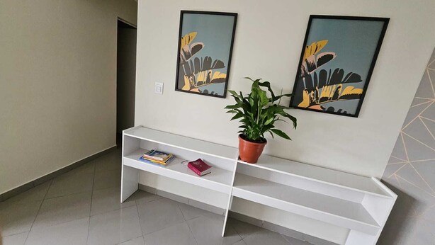 Een witte console tafel met boeken en een potplant, met aan weerszijden twee ingelijste kunstwerken aan de muur.